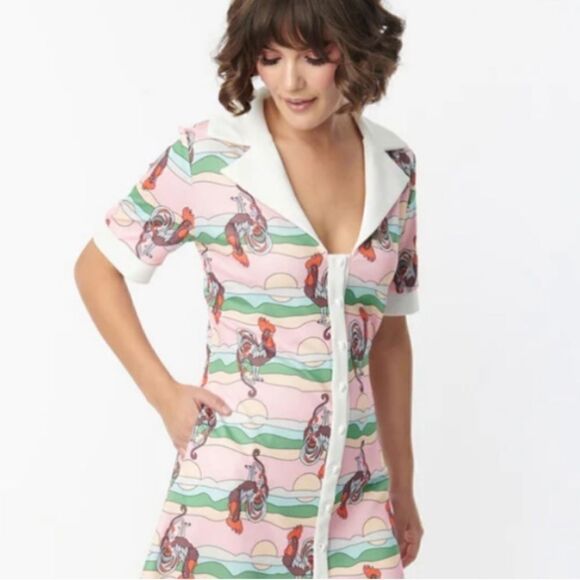 Unique Vintage Rooster Print Mini Dress - Picture 2 of 8
